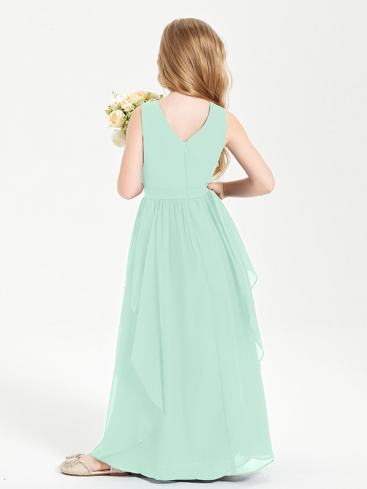 Boho Sleeveless Junior Chiffon Bridesmaids Gown Mint Green